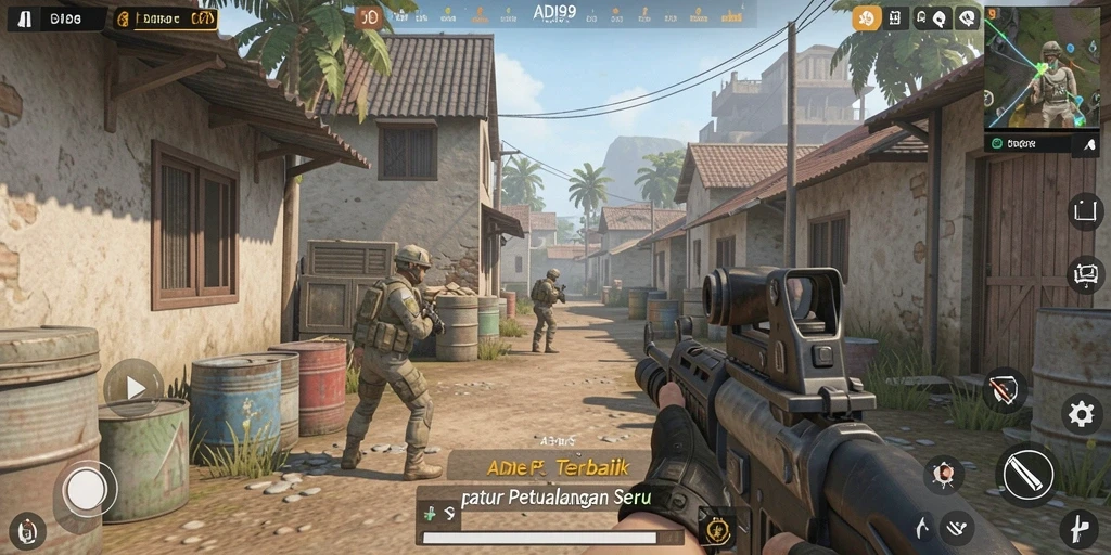 Screenshot ADI99 menampilkan aksi tembak-menembak intens di medan perang.