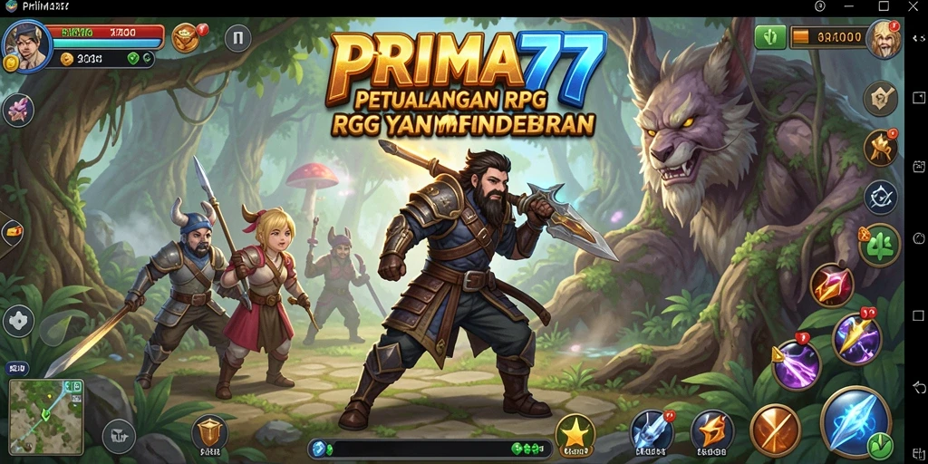 Screenshot gameplay PRIMA77 menampilkan pertempuran seru di dunia fantasi.