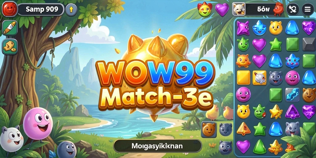 Tangkapan layar WOW99 menampilkan gameplay Match-3 yang penuh warna.